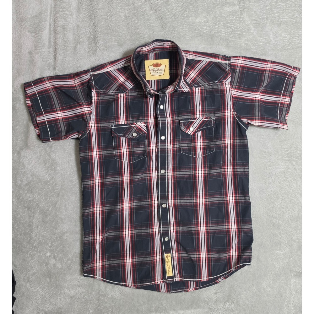 Larry Mahan Kids Western Plaid Snap Shirt Navy Red Short Sleeve Cowboy Shirt